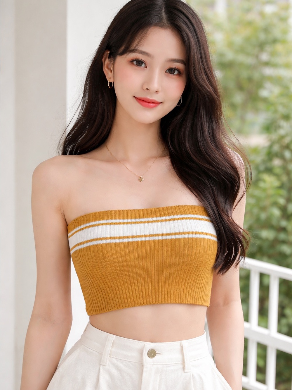 Full Tilt Mustard Yellow Ribbed Knit Tube Top with White Stripes